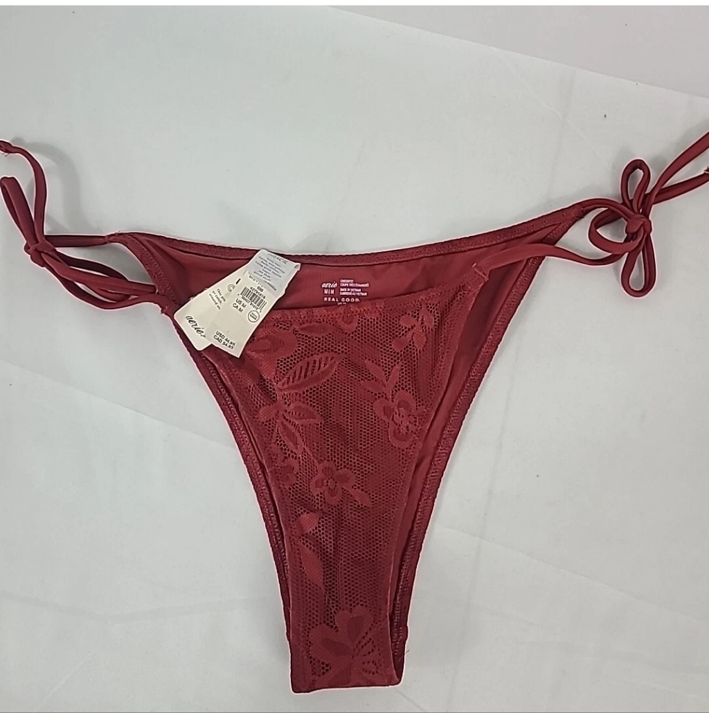 Nwt Aerie Women's Cheeky Rust Lacey Strappy Tie Bikini Bottom Sz M Msrp $45